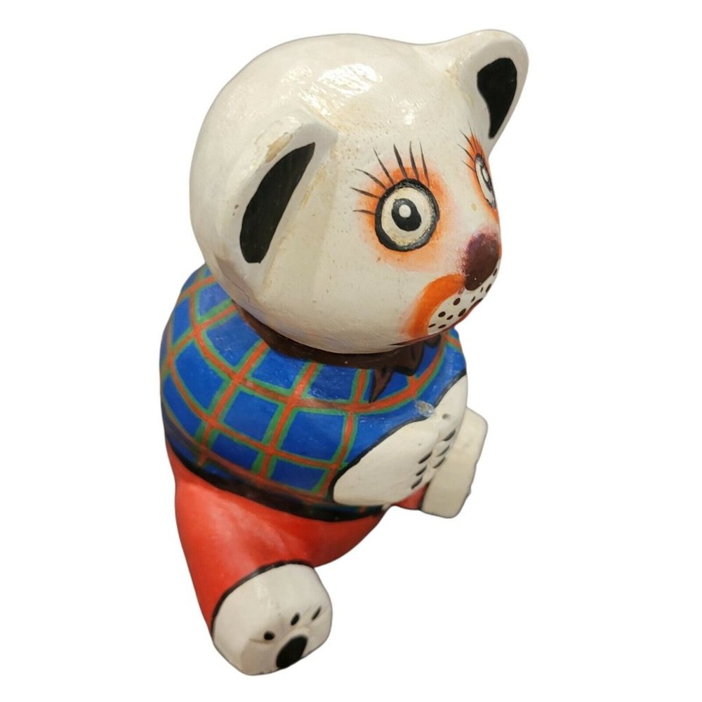 Artisan Folk Art Bear Hand Carved & Painted Wood with Flowers White Plaid Teddy - Picture 4 of 8